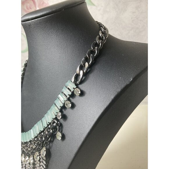 Statement Necklace With Mint Green & Rhinestone Tassels Black Metal Chain - Picture 2 of 4